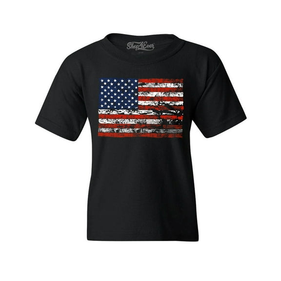 Shop4Ever Kids Distressed American Flag Horizontal USA Patriotic 4th of July Graphic Child's Youth T-Shirt X-Small Black
