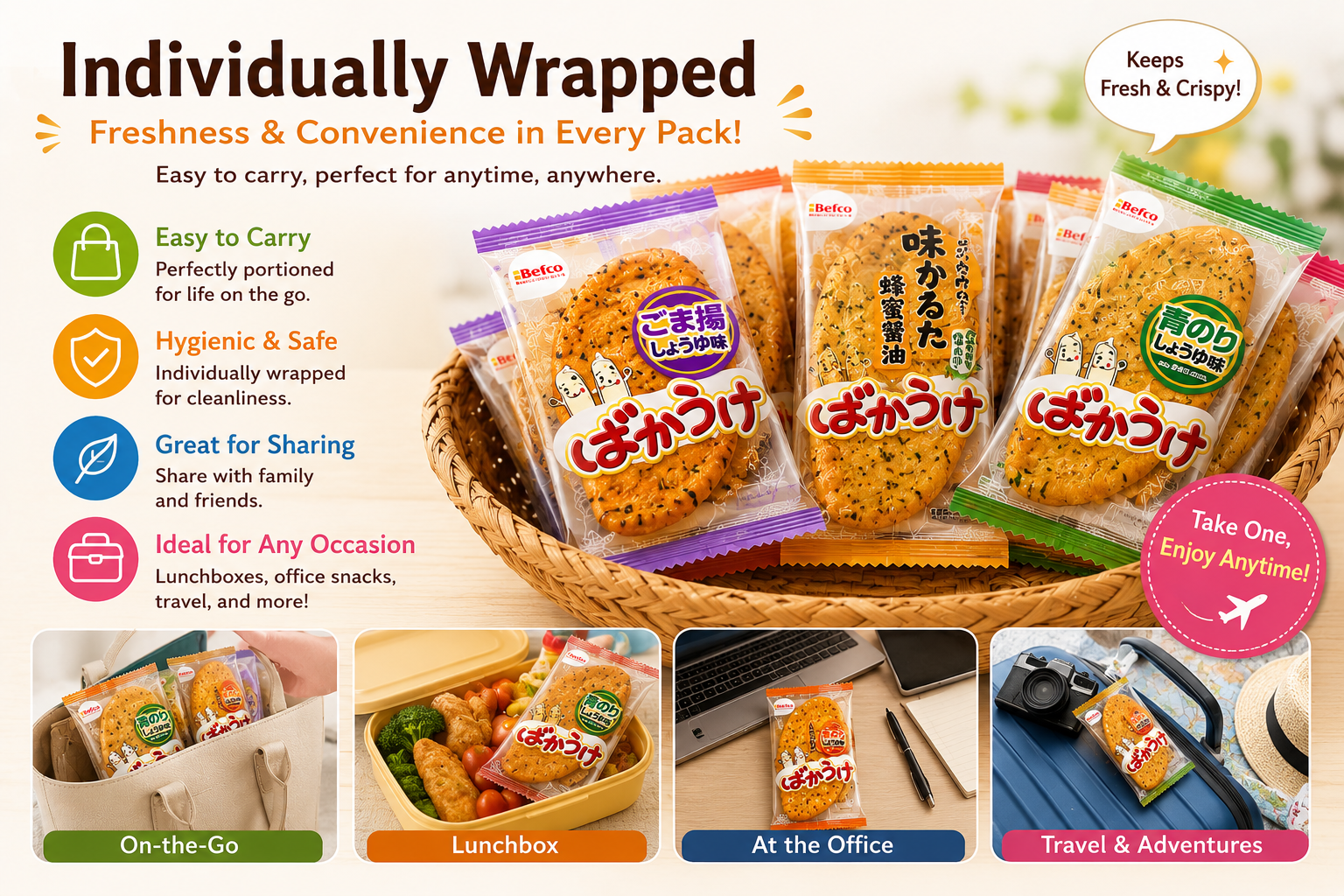 Japanese Rice Crackers Variety Pack, Individually Wrapped Senbei Snacks, Sesame Soy Sauce, Honey Soy Sauce & Seaweed Flavors, Made in Japan, 30 Packs