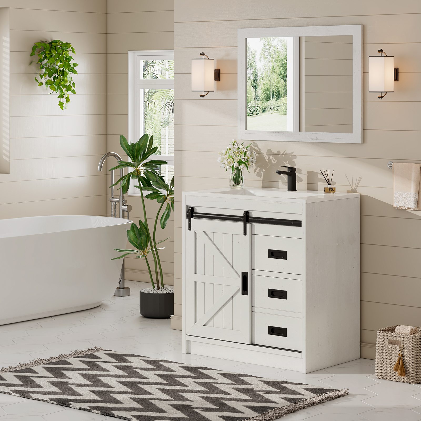 Merluxy 31" Sliding Barn Door Bathroom Vanity with Sink, Farmhouse Small Single Bath Vanity, White