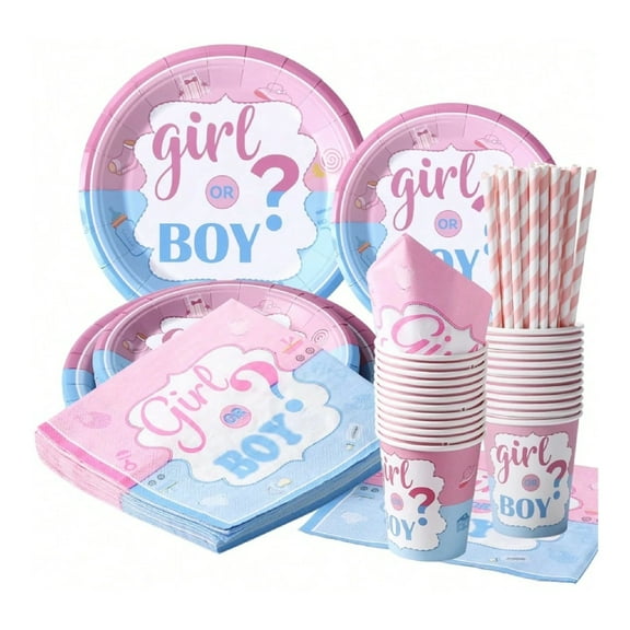120PCS 24 Guests Gender Reveal Plates Tablewares Supplies, Includes Gender Reveal Plates, Cups And Napkins And Paper Straws, Boy Or Girl For Party Dinnwares Decorations