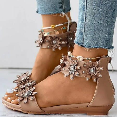 

〖Yilirongyumm〗 Khaki 42 Sandals Women Wedges Sandals Back Zipper Casual Bohemian Sandals Beach Shoes Rhinestone Decor Floral Pattern Sandals