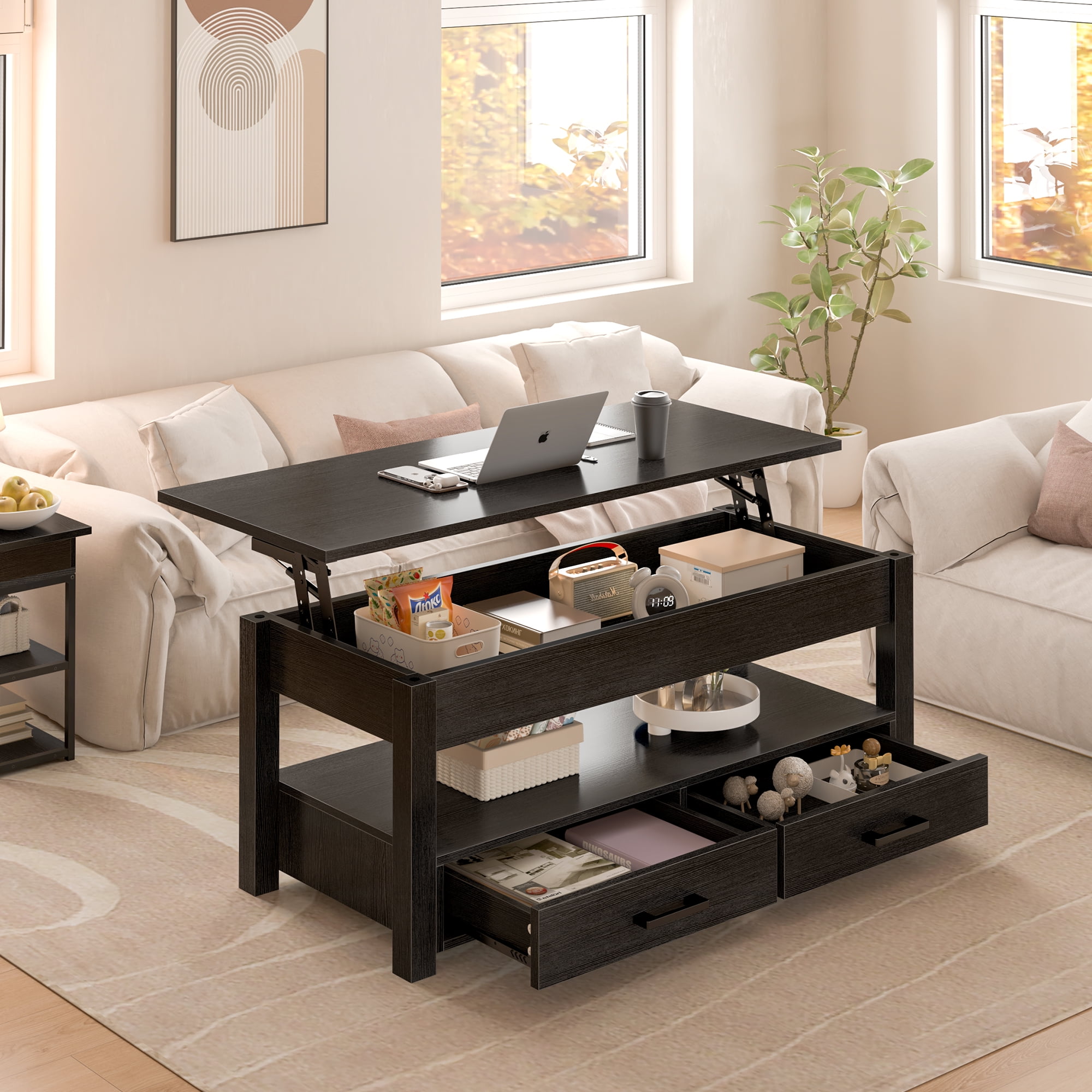GUNAITO Lift Top Coffee Table with 2 Drawers,Wooden Convertible Coffee Table with Storage for Living Room,Center Table,Black,42"
