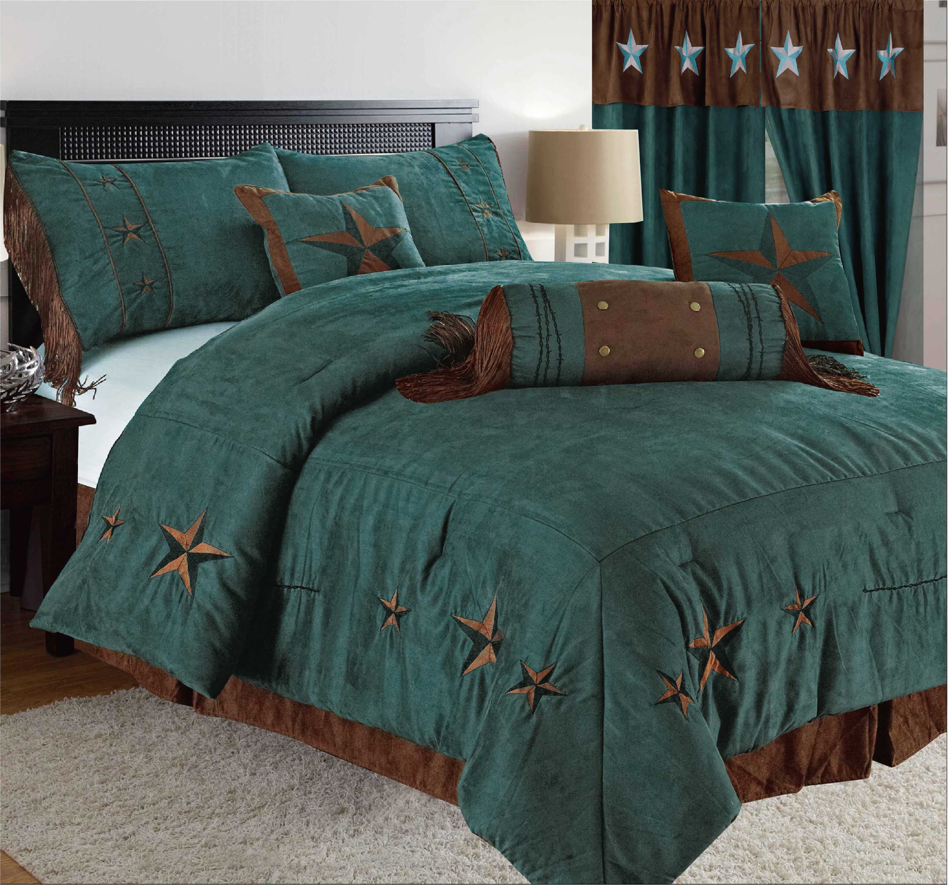 Rustic Brown Embroidery Texas Turquoise Star Western Luxury Comforter Suede 7Pc 