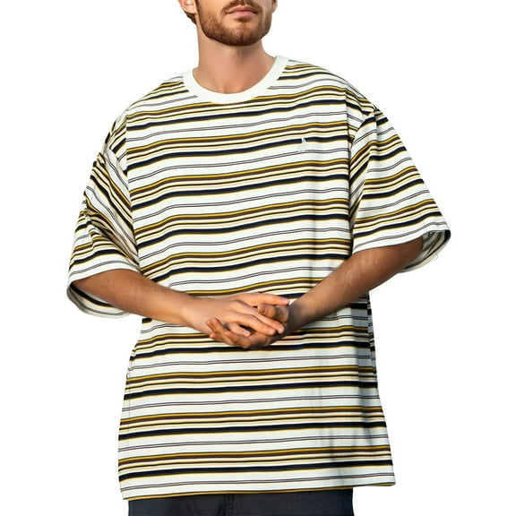 Telankuip Retro Striped Loose Fit T-Shirt for Men Crewneck Short Sleeve Oversized Streetwear Tops Spring and Summer Trendy Drop Shoulder Casual Tees Comfy for Daily Wear White XL