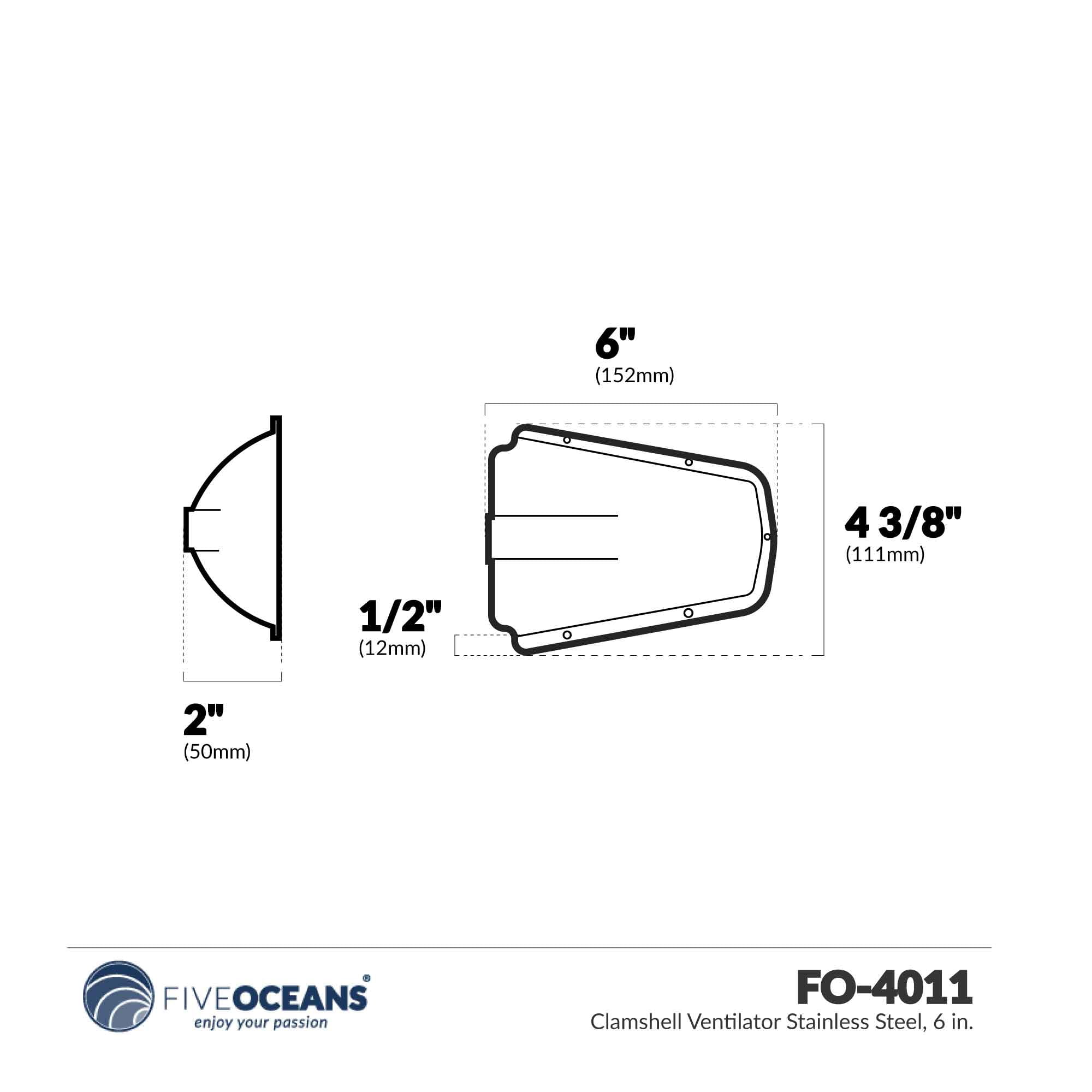 Five Oceans 316 Stainless Steel Marine Clamshell Vent Cover, Base 6-Inch L x 4-1/2-Inch W - FO4011