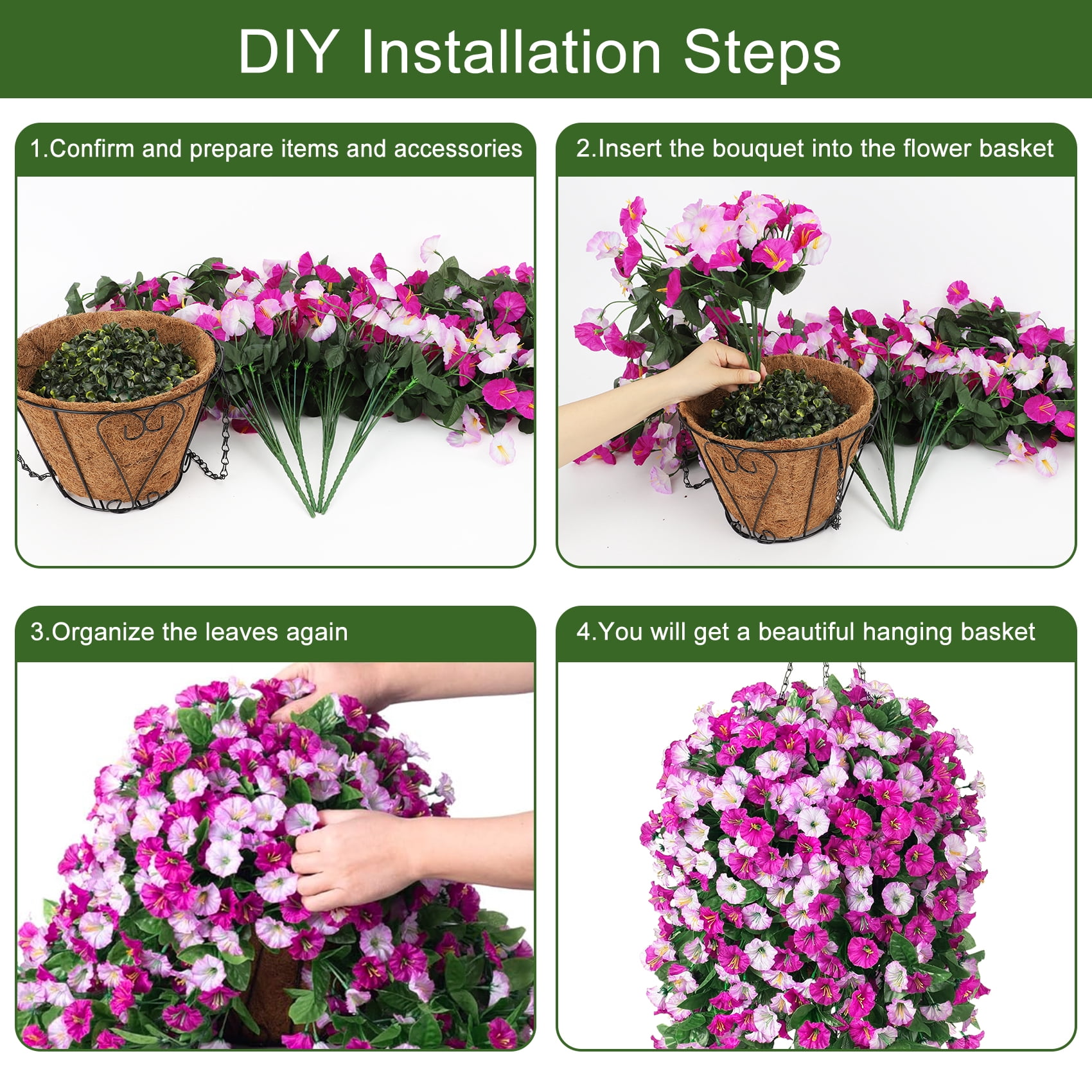 Scidweet Artificial Hanging Flowers Outdoor, 4 Bundles Faux Fake Silk Morning Glory Flowers Plants with Basket for Spring Summer Outside Patio Garden Porch Yard Home Decor