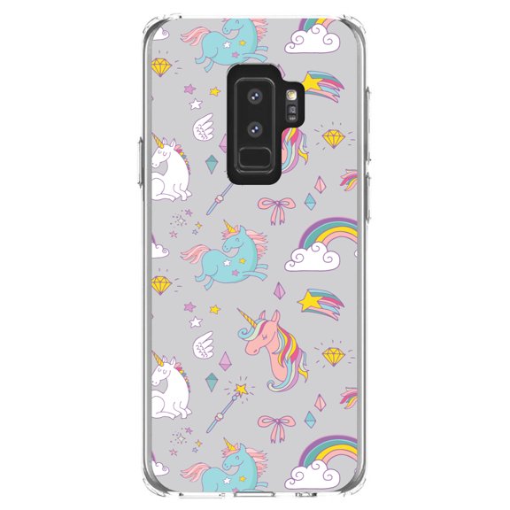 DistinctInk Clear Shockproof Hybrid Case for Samsung Galaxy S9  PLUS (6.2" Screen) - TPU Bumper, Acrylic Back, Tempered Glass Screen Protector - Unicorn Rainbow Wand Pattern - Grey