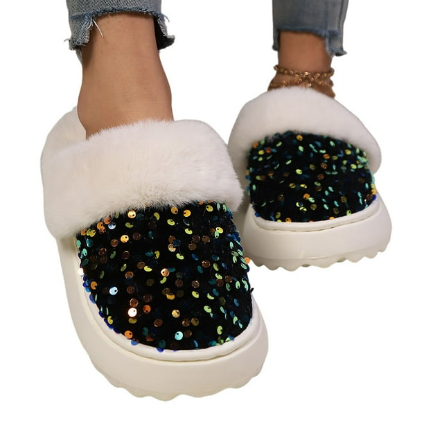 Zapatos Casa Mujer Lentejuelas Cálido Felpa Antideslizante para Interior Exterior