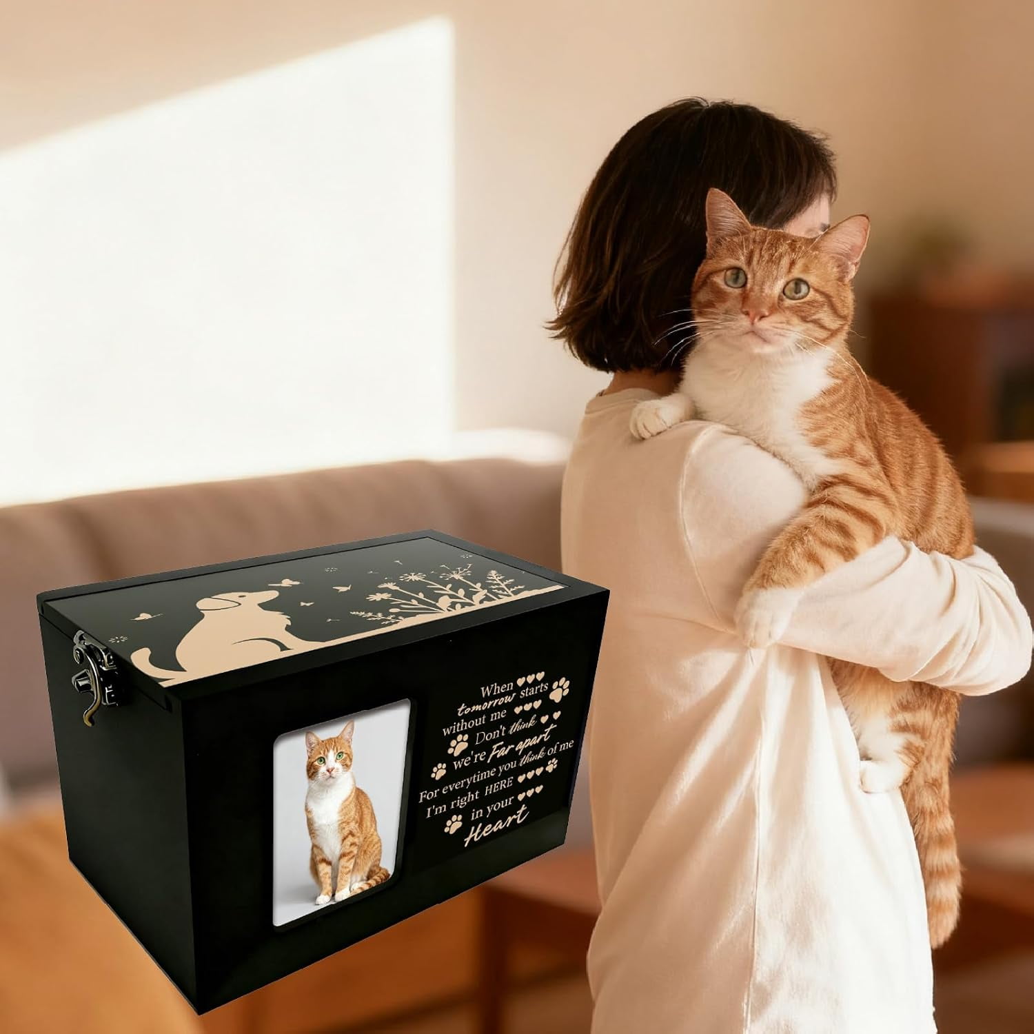 Dog Pet Urn Wooden Pet Memorial Box Dog Flower Butterfly Words Pattern Rectangle Storage Containers Cremation Box with oto Frame