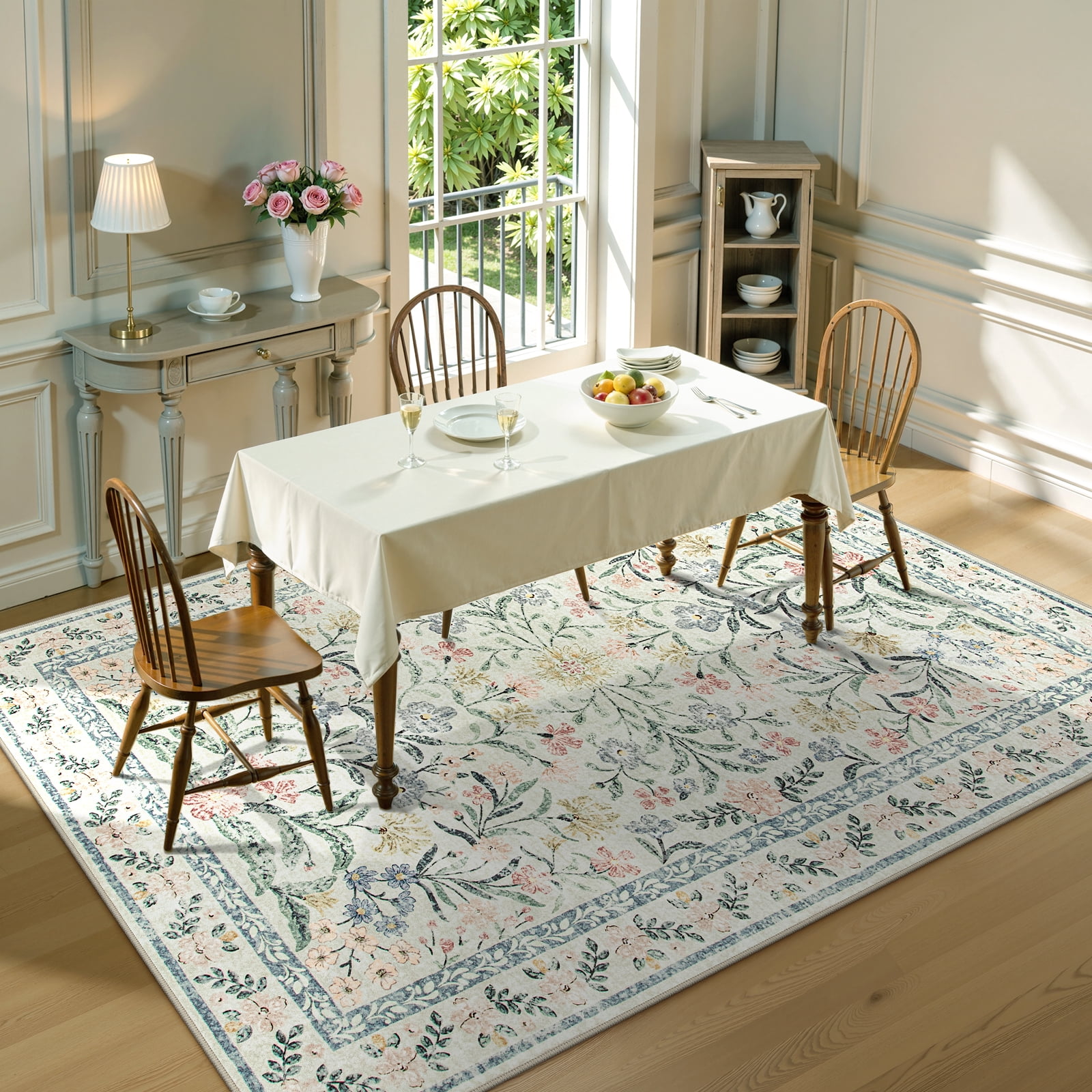 Lahome 8'x10' Washable Area Rug for Living Room with Non Slip Backing,Traditional Boho Rug,Low Pile Lightweight Carpet,Floral Print Mat,Washable Machine for Bedroom,Beige
