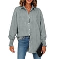 thumbnail image 2 of hoksml Women's Vertical Stripe Button Down Shirt, Smocked Cuff Oversized Pocket Blouse for Office Daily Vacation Wear, 2 of 9