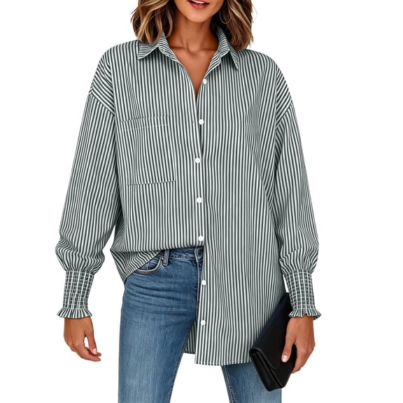 Odbmxy Striped Shirts for Women Collared Long Sleeve Fall Women's Blouse Casual Boyfriend Button up Tunic Loose Tops