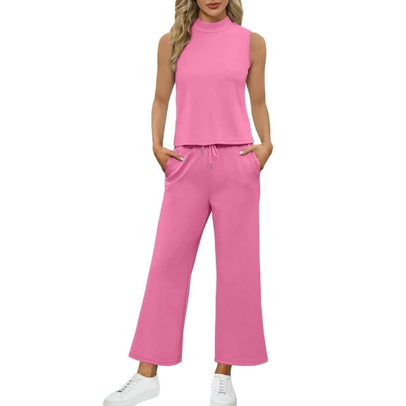 BLOCLOALO 2 Piece Lounge Set Sleeveless Tops Fashion Solid Color Women's Half Summer Half High Neck Trousers Two Set Tunic Tops Sweatpants and Sweatshirt Set Soft Lounge Sets for Women B L