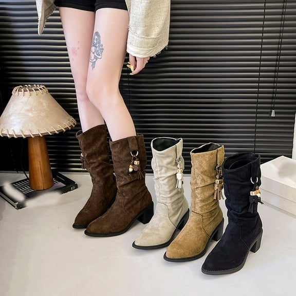 Juebong Womens Cowboy Mid Calf Boots Chunky Block Heel Pointed Toe Boots Suede Western Cowgirl Pirate Medieval Boots Black,37