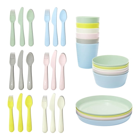 IKEA Kalas - Juego de vajilla de plástico para niños, sin BPA, tazón, plato, taza y cubiertos, colores pastel