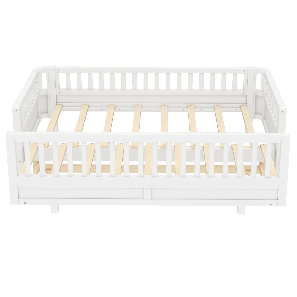 Twin XL Montessori Floor Bed or Queen Platform Bed for Kids, Solid Wood Twin XL Bed Frame with Guardrails, 2-in-1 Convertible Toddler Bed Frame, White