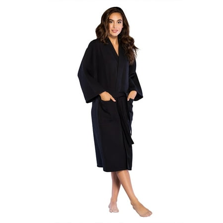 Turquaz Linen Lightweight Long Waffle Kimono Spa Robe for Women (Small/Medium, Black)