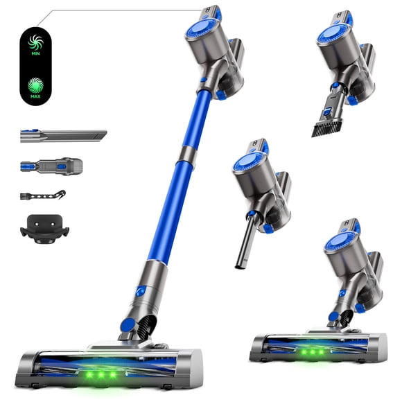 Aspirateur Sans Fil 35 kPa, Aspirateur-Balai Léger 8-en-1 Autoportant, Autonomie Max 45 Min, Anti-Enchevêtrement avec Boyau pour Plancher Dur, Tapis, Poils d'Animaux, Bleu