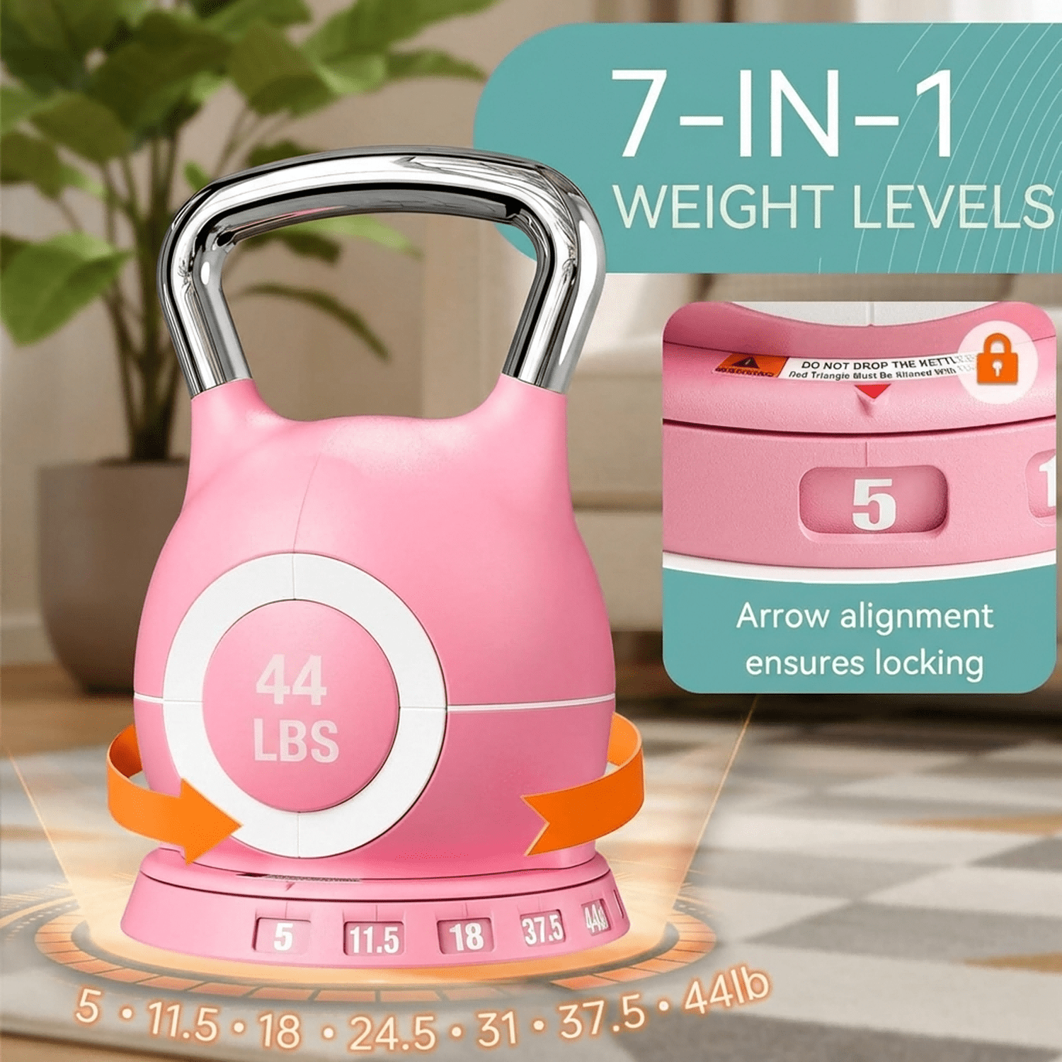 LIFERUN Adjustable Kettlebell Set-7in1 Kettlebells, Choose 22.5 lb or 44 lb, Quick-Change Weight Dial & Safety Lock, Aluminum Handle, Full-Body Workout