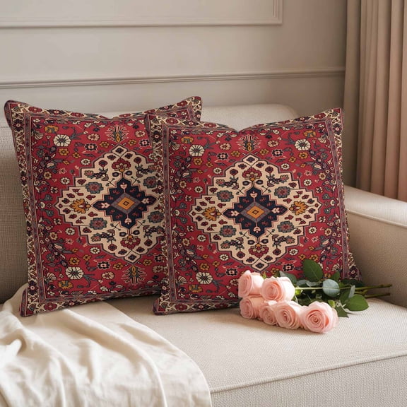 Outdoor Throw Pillow Covers,Boho Ethnic Vintage Floral Texture Waterproof Decorative Pillowcases Cushion Cover Tribal Retro Geometric Art Pillow Cases for Patio Couch Sofa Bed,18x18in Set of 2