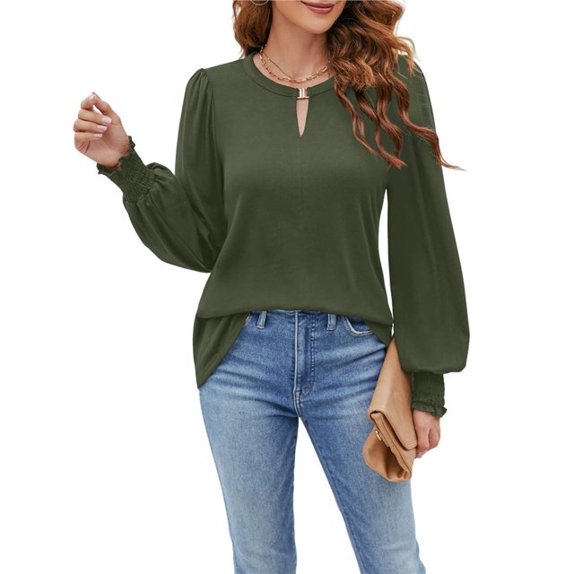 Blusas Informales Elegantes para Mujer, Blusas de Moda para Negocios, Camisas de Larga con Cuello Redondo, Conjuntos de Otoño para Maestras. Verde XXL