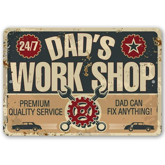 Dad Sign - Dad's Work Shop Metal Tin Sign - Perfect Gifts for Dad From Daughter or Son, Step Dad Gifts, Things To Get Your Dad For Christmas, Best Gifts for Dad, Garage Signage for Men Industrial