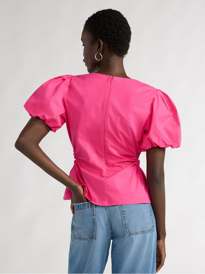 Scoop Women's Poplin Puff Sleeve Top with Cutouts, Sizes XS