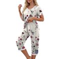 thumbnail image 4 of Lounge Outfits Sets For Women 2 Piece Printing V-Neck Short Sleeve Shirt And Pants Sets Loungewear Pajamas Capris With Pockets Up to 65% off, 4 of 7