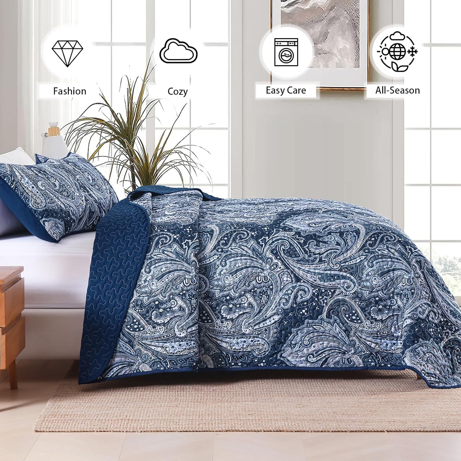 Dintszyayue Navy Quilt Set King Size,3Pcs Bohemian Bedding Set Lightweight Paisley Adult(90"x 110")