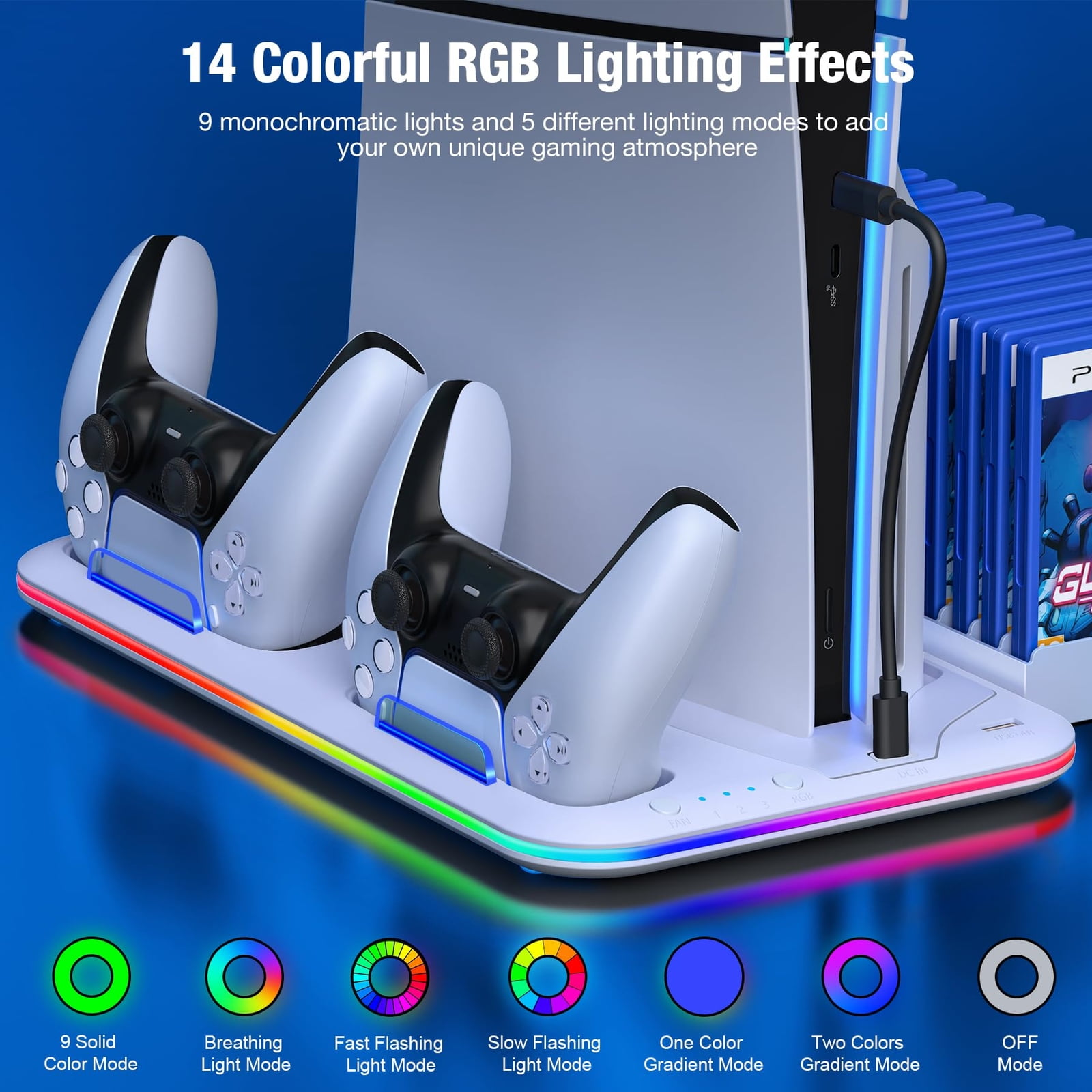 PS5 Stand and Cooling Station with Controller Charging Station for P5 Slim, PS5 Accessories Incl. 3 Levels Cooling Fan, 15 Game Storage, Headset Holder for Playsation 5 Digital/Disc, White