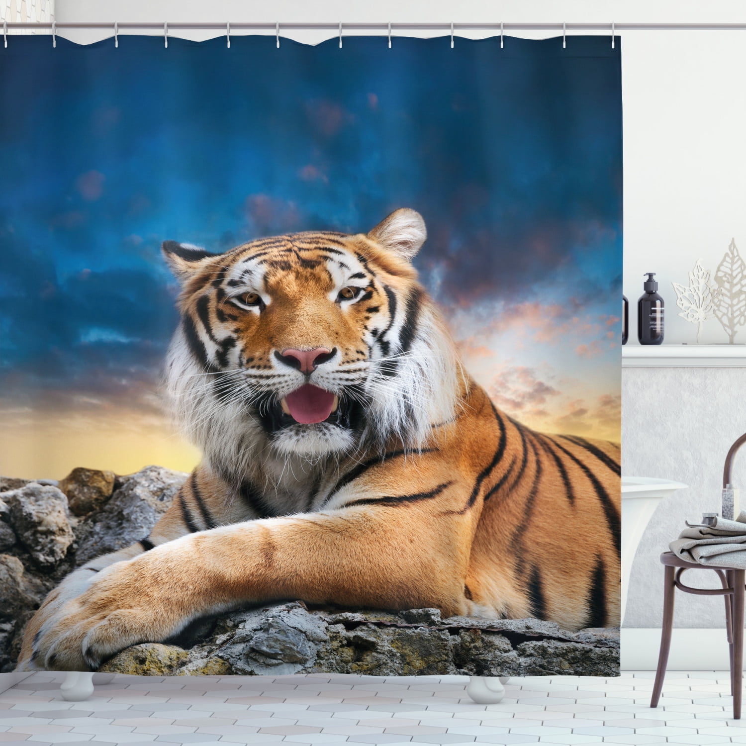 72x72'' Tiger Lying Relax Bathroom Shower Curtain Waterproof 12 Hooks & Bath Mat 