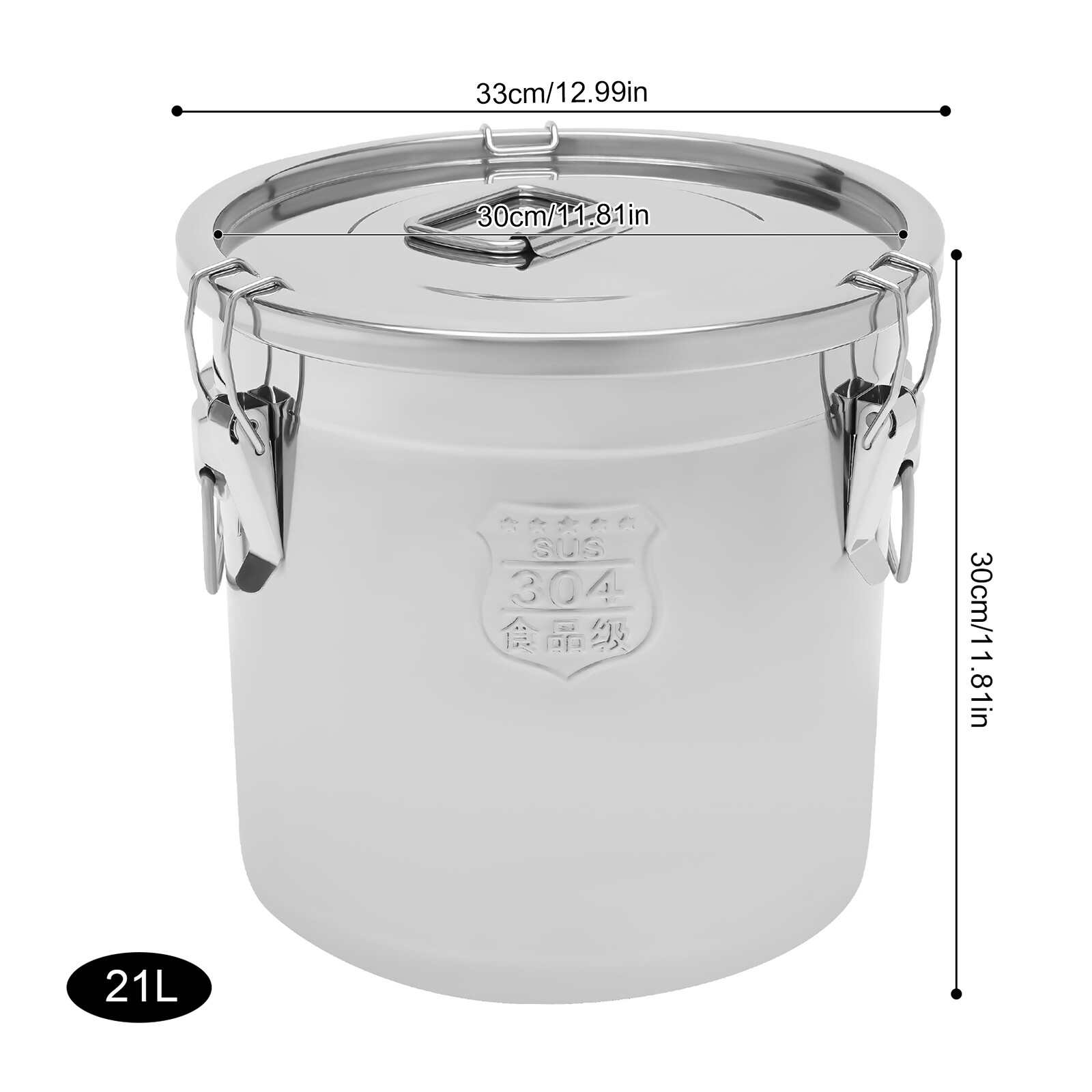21L 304 Stainless Steel Airtight Container with Lid and Locking Clamp,17-38Lbs Metal Bucket Large Stainless Steel Canisters for Kitchen,Dog Food/Bird Seed/Coffee Storage Container