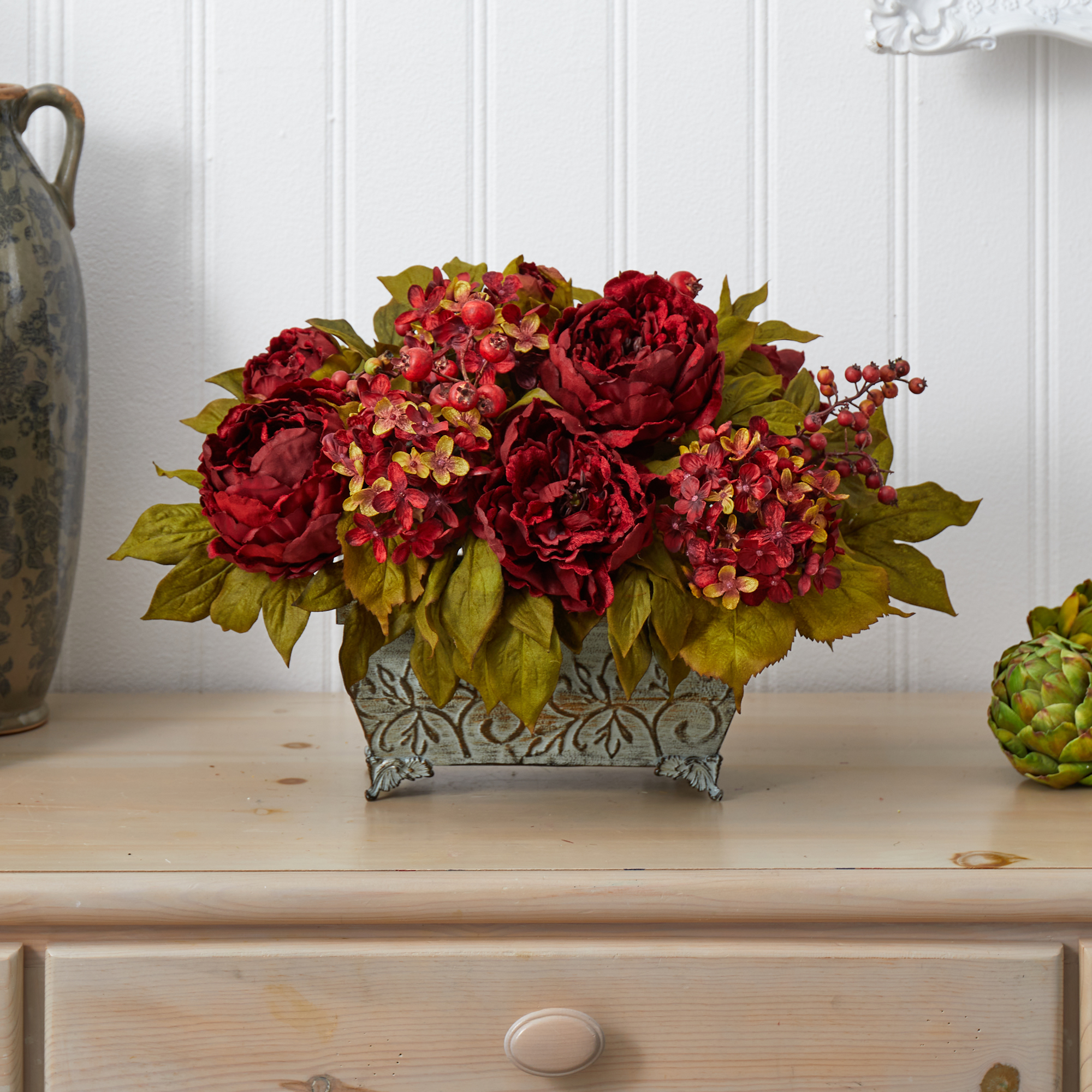 Nearly Natural Peony & Hydrangea Artificial Flower Arrangement, Red