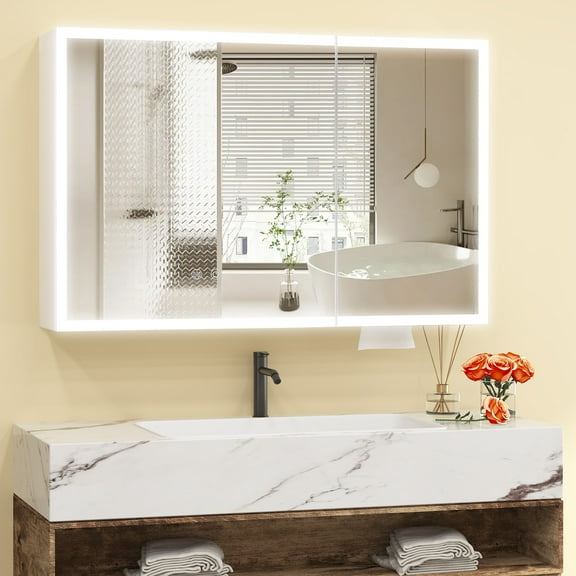 Jarbalai Bathroom Mirror Cabinet with LED Lights, Anti-Fog, Wall Mounted, 35.4" x 23.6", Matt Cream