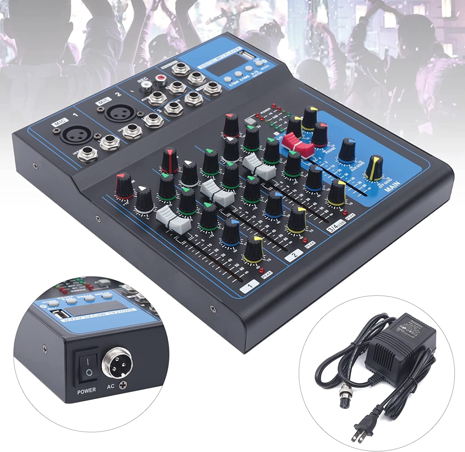 Anqidi Professional 4 Channel Digital USB Audio Interface Bluetooth Studio DJ KTV Mixer Sound Board Console 110V