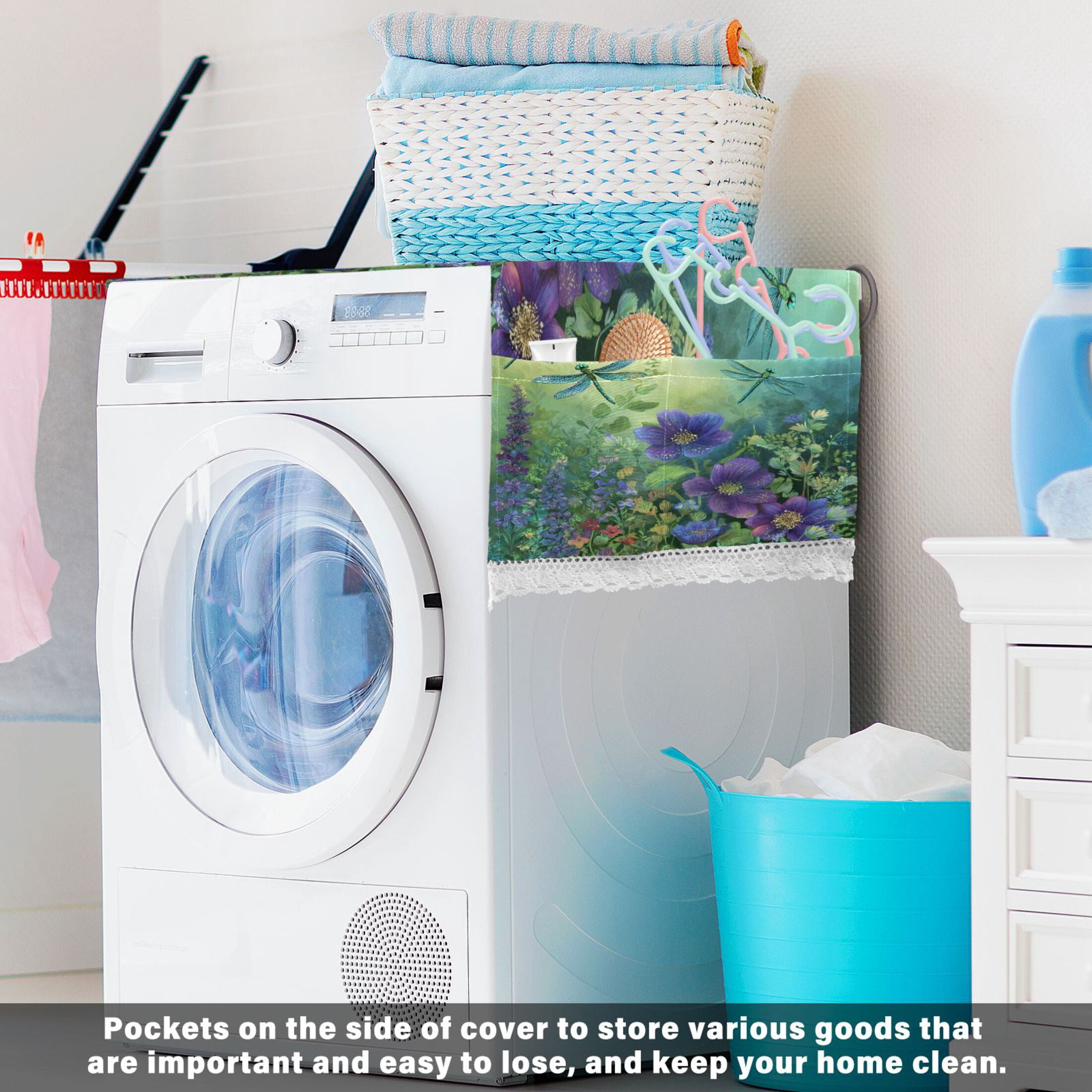 Wobogo Green Dragonfly Floral Washing Machine Cover Dustproof Washer Dryer Cover Waterproof Laundry Room Decorative Protector