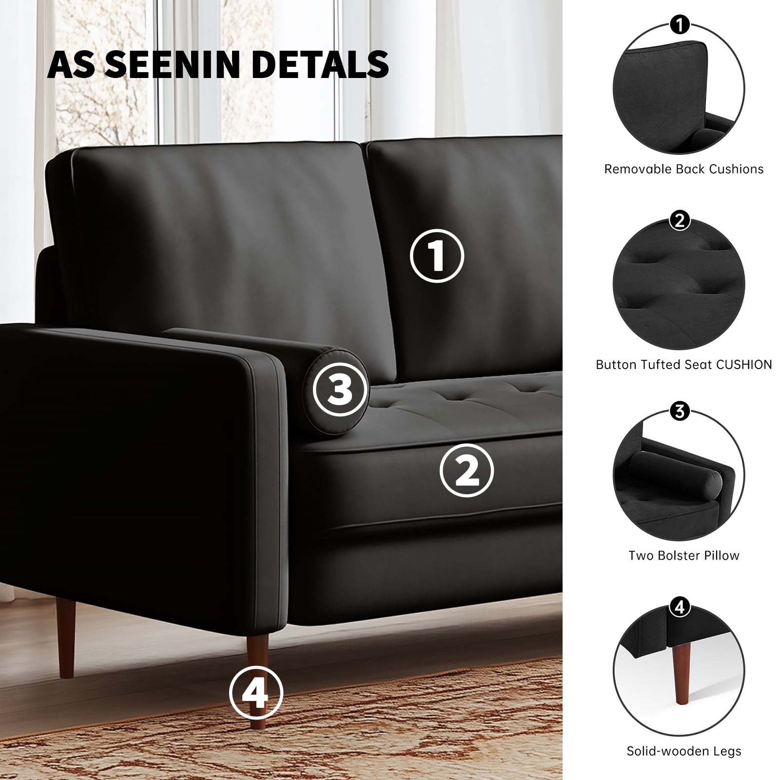 Dixie 57" Small Sofa Loveseat Couch, Premium Velvet Fabric And 2 Bolster Pillows Suitable for Apartment or Small Living Room, Black