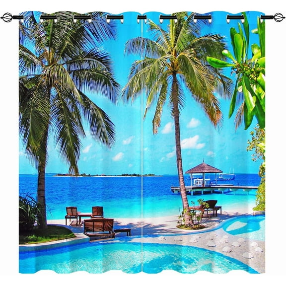 Beach Kitchen Curtains, Tropical Coastal Hawaiian Palm Trees Summer Ocean Landscape Pattern Waterproof Grommet Window Drapes for Bedroom Bathroom Window Small Closet Cafe 2 Panels W27.5 x L39