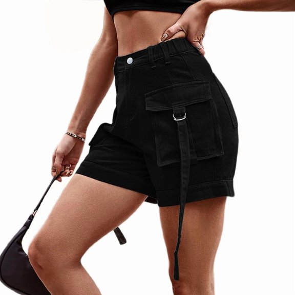Women Cargo Denim Shorts - Summer Casual Vintage Loose Button Zipper Shorts Black XXL