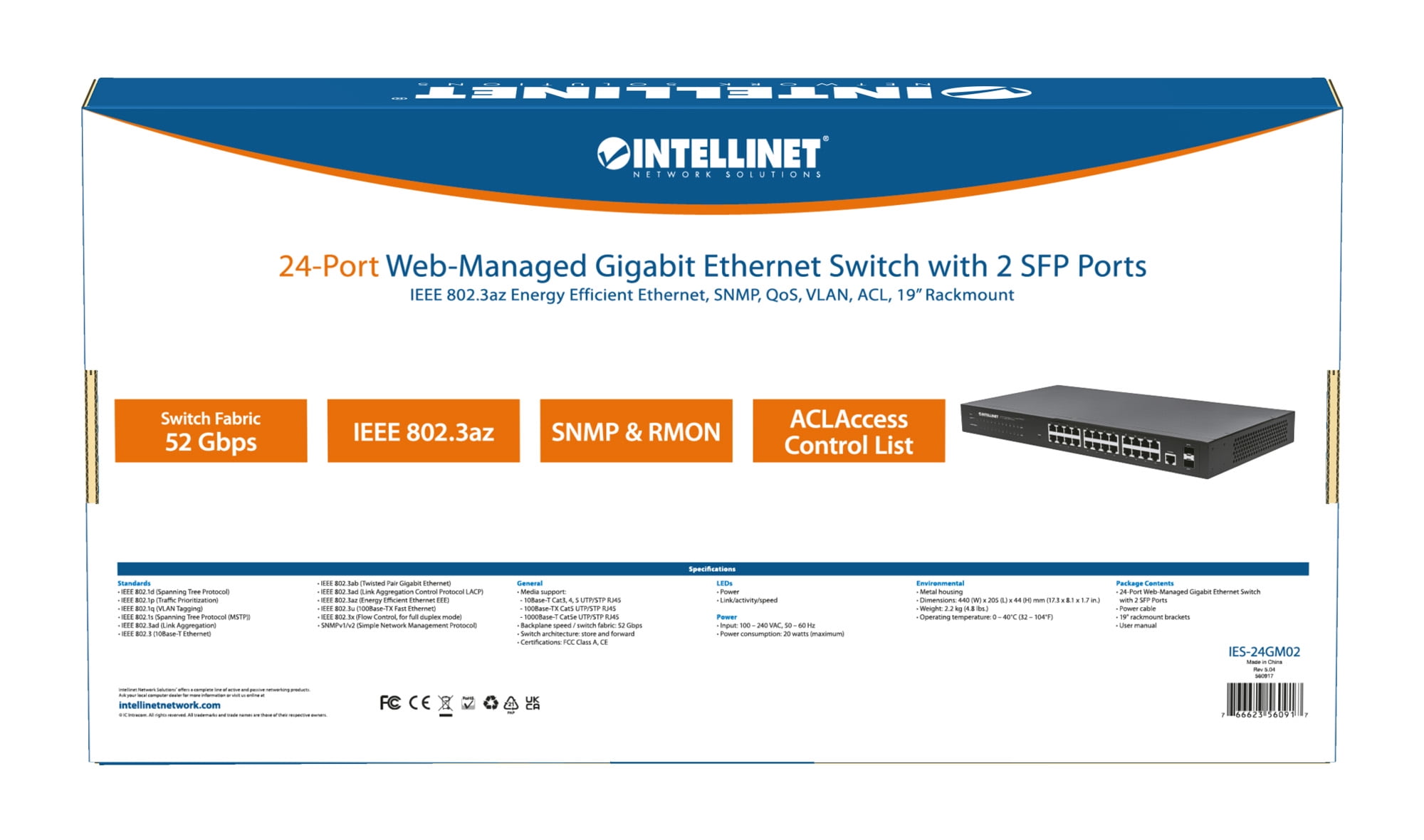 Intellinet 24-Port Web-Managed Gigabit Ethernet Switch with 2 SFP Ports | Fanless | VLAN, SNMP, 802.1X | NDAA