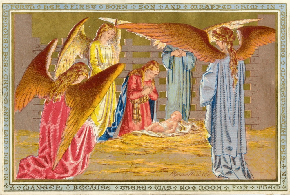 Christmas Nativity Scene In The Manger With Angels Poster Print By Mary