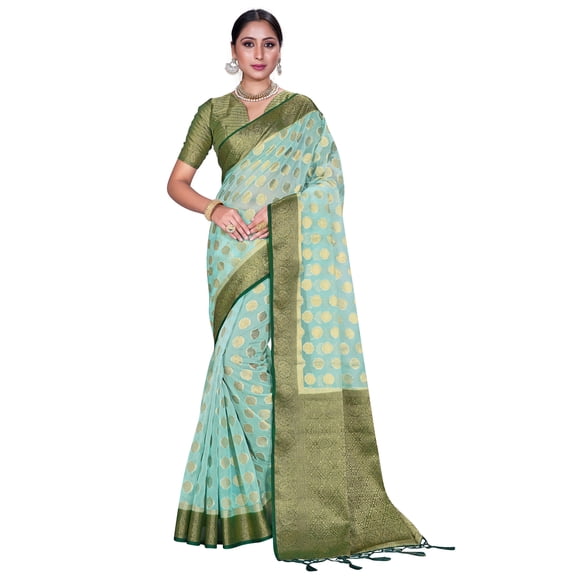 Sarees For Women Indian Bollywood Organza Silk Saree Woven Sari & Unstitched Blouse