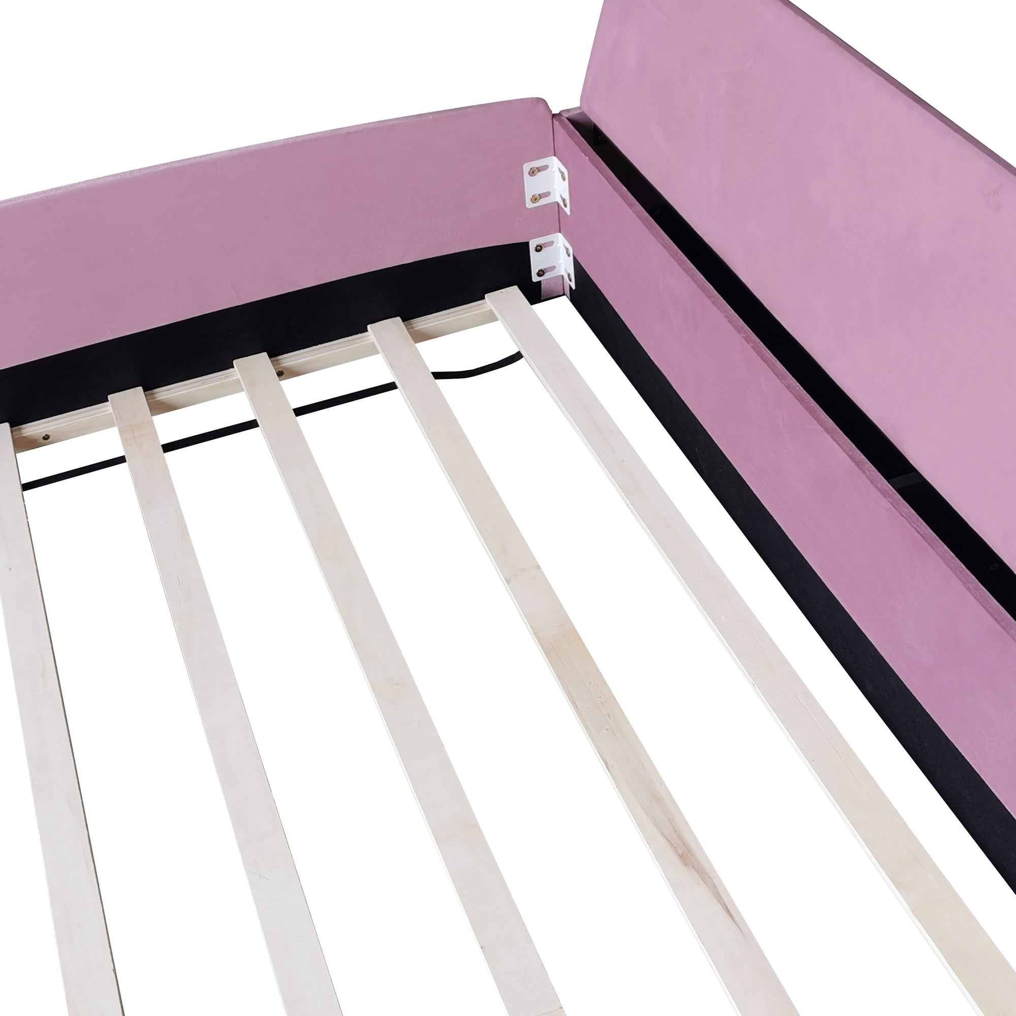 Leumius King Size Floor Bed Frame with Stairs & Gas Lift Storage Ottoman, Velvet Upholstered Daybed with Padded Guardrails, Pink+White