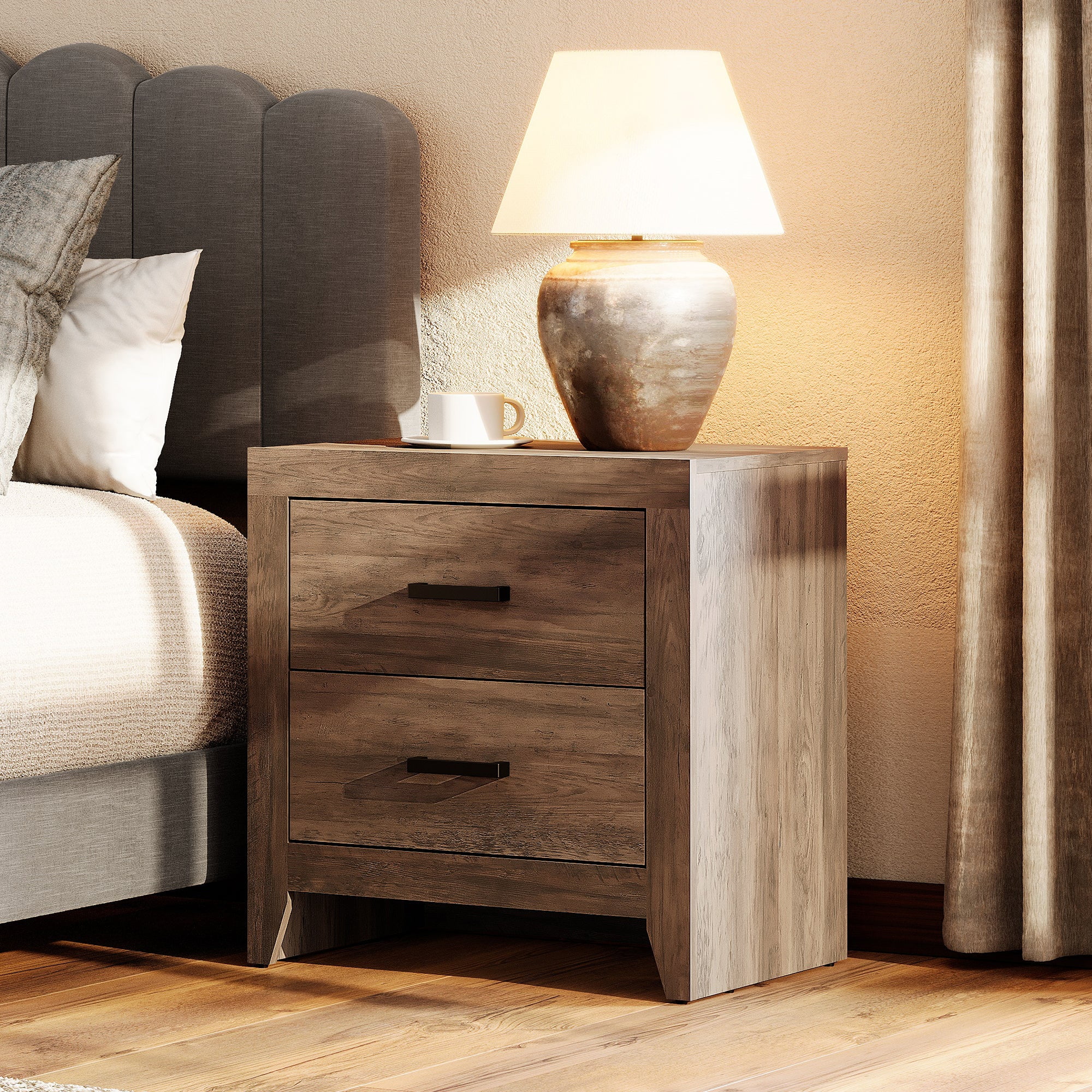 WAMPAT Modern Side Table with 2 Drawers Storage Cabinet for Bedroom, Living Room, Rustic Brown