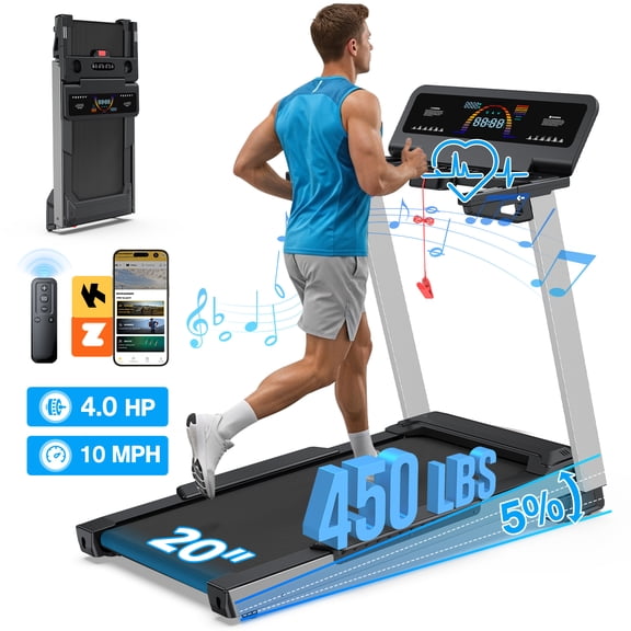 YZRUN 4 HP Incline Treadmill for Home, 450 lbs Capacity, Portable Folding Treadmill with 20"x 45"Running Area, Bluetooth Speaker，10 MPH