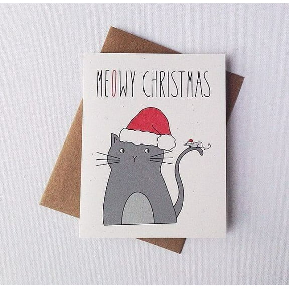 Meowy Christmas Cat Card – Adorable Holiday Greeting Card with Cute Cat in Santa Hat – Blank Inside, Envelope Included – Perfect for Pet Lovers and Holiday Greetings