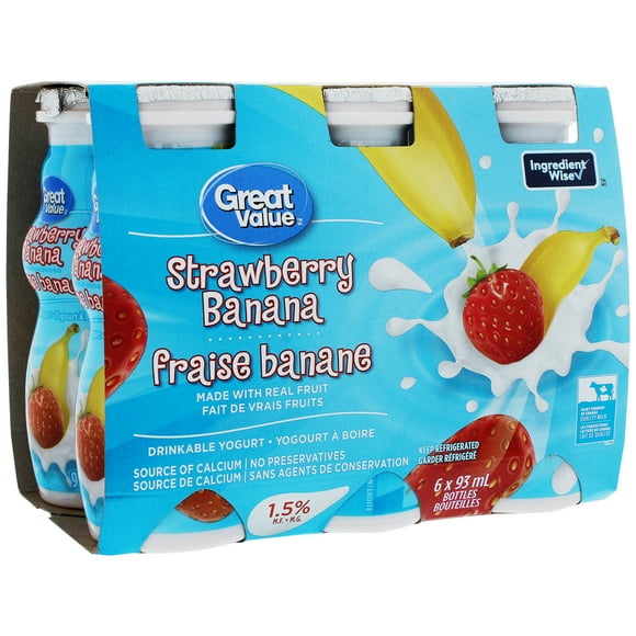 Yogourt à boire fraise-banane Great Value 6 x 93&nbsp;ml