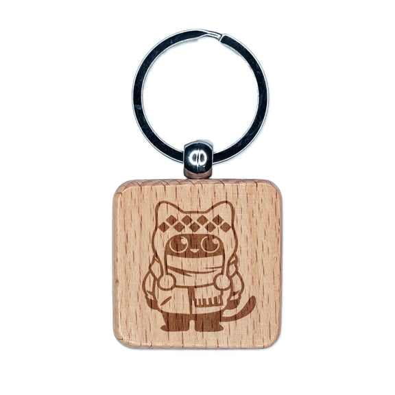 Cute Cat in Jacket is Ready for Winter Square Keychain Charm Tag - Engraved Wood