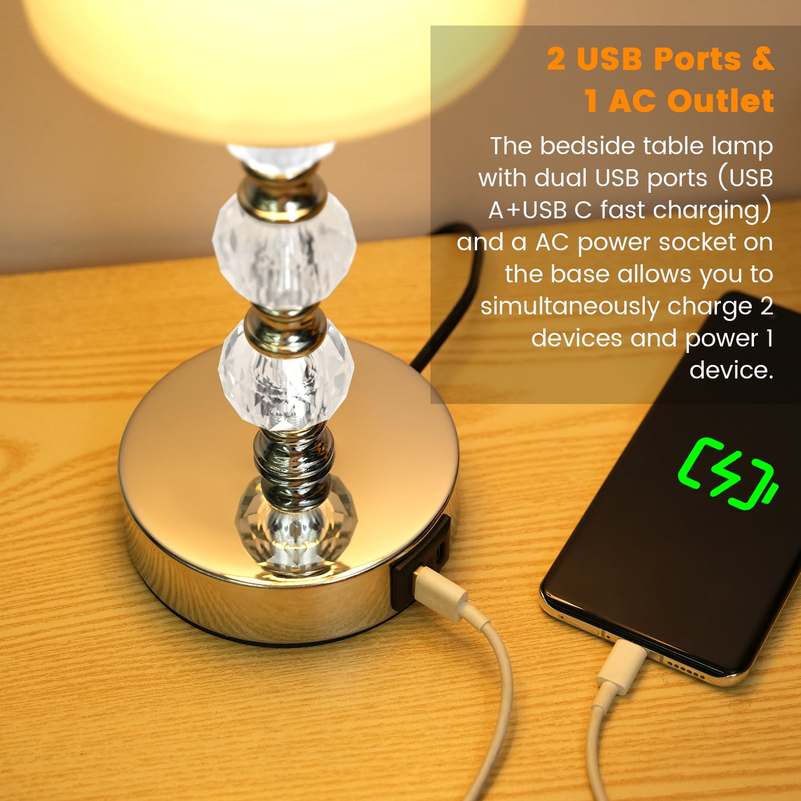 Touch Crystal Table Lamps, 3 Way Dimmable Bedside Lamp with USB C+A Charging Port for Bedroom Living Room, Office (Bulb Included)