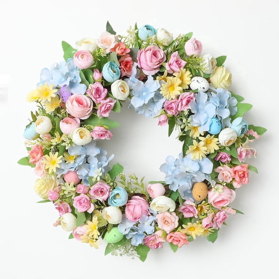 18 Inch Easter Wreath Easter Egg Spring Wreath for Front Door Easter Decoration Summer Lamb Ear Eggs Floral Wreath with Berries for Indoor Outdoor Easter Home Decor